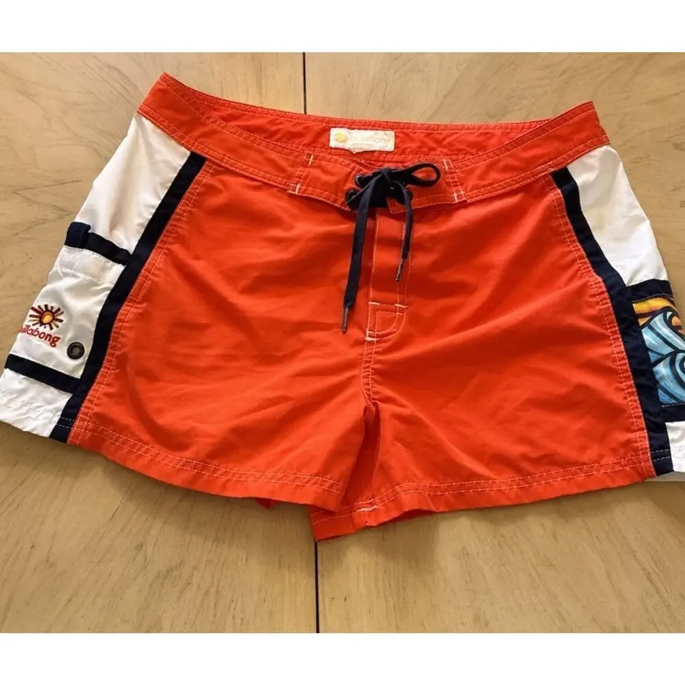 VTG 90s Billabong Board Swim Shorts Mini Womens Large Hawaiian Aloha Orange Surf